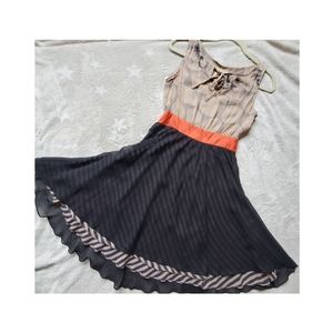 Maeve Beige and Black Striped Dress with Orange Accent